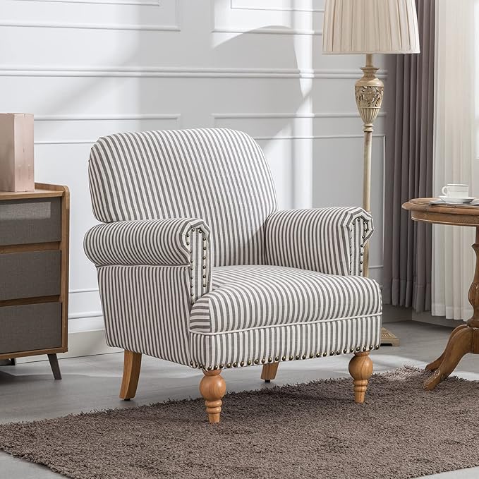 Linen Accent Chairs Set of 2 Mid-Century Modern Living Room Armchair with Nailhead Trim &amp Wood Legs Comfy Upholstered Single Sofa Chair for Lounge/Bedroom/Reception Black Stripe
