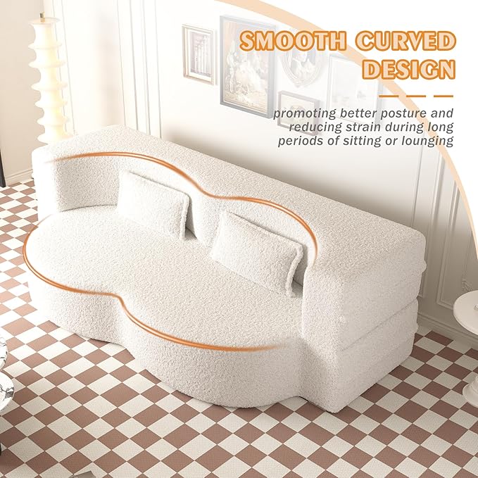78 Teddy Folding Floor Sofa Couch BedConvertible Folding Sofa Bed Full Size Love Seat Sleeper Bed Floor Sofa Bed with 2 Pillows for Living Room Apartment Office (Beige)