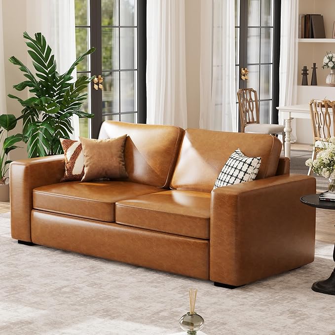 ABCASA 85 Faux Leather Couch with Padded Cushions Mid-Century Modern Sofa with Extra Deep Seats 3-Seater Sofa Couch for Living Room Apartment Lounge Brown
