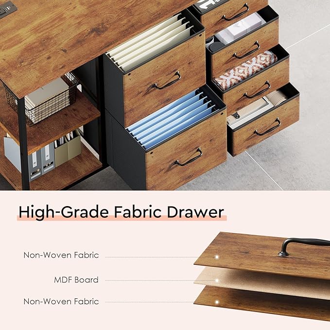 6 Drawer File Cabinet with Charging Station Rolling Printer Stand with Open Storage Shelf Fabric Lateral Filing Cabinet for Home OfficeRustic Brown2