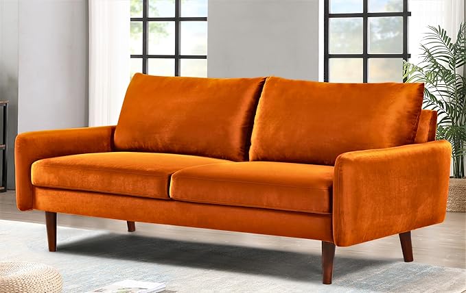Kent Velvet Sofa for Modern Living Rooms and Compact Spaces Comfy 3 Seater Couch Studio Apartment Furniture with Sleek Design Orange