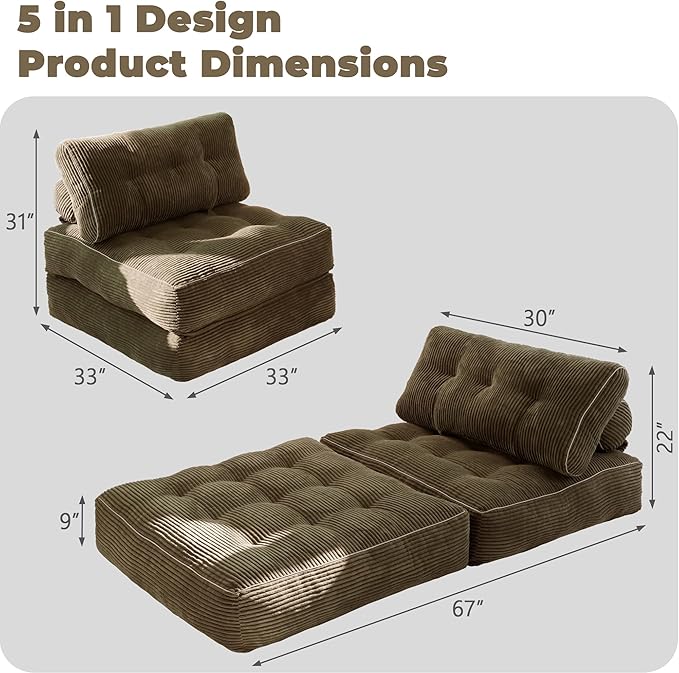 Folding Sofa BedConvertible Sleeper Chair for Adults Folding Sofa Bed Foam Filling Couch with PillowSleeper Chairs Single Size Floor MattressBrown