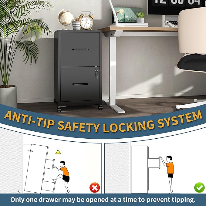 2 Drawer File Cabinet on WheelsMobile Filing Cabinets with LockMetal Storage CabinetVertical Filing Cabinets for Home OfficeRolling File Cabinet for Under DeskAmssebly Required Black