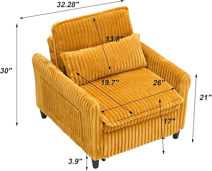 3-in-1 Convertible Sofa Chair BedPull Out Couch Single Sleeper Chair Bedwith Adjustable Backrest with Side Pockets Lounge Sofa for Living Room Bedroom Small Spaces (Yellow)