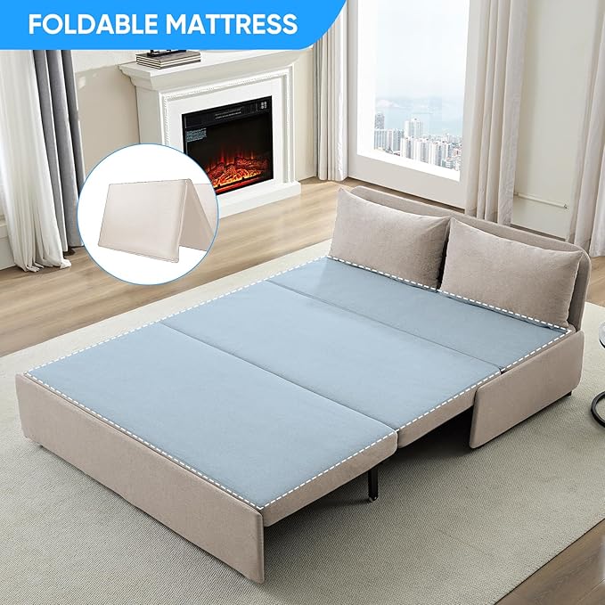 Mjkone 62 Width Pull Out Sleeper Sofa Bed Queen Size 2-in-1 Modern Convertible Linen Sofa Sleeper Pull Out Couch Bed with Cushions &amp Throw Pillows for Living Room Home Office Small Place Beige