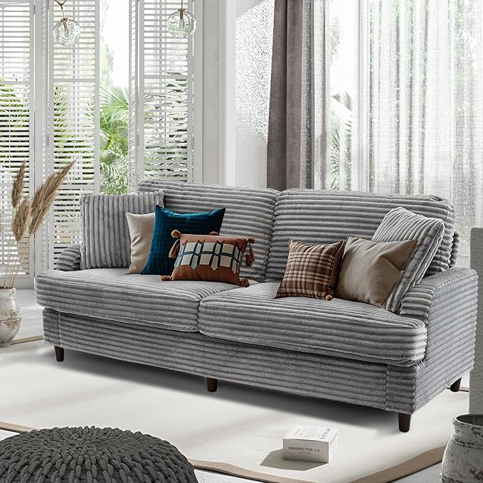 80 Inch 2 Sets Sofa Couch Comfy Love Seat Couches for Living Room Mid Century Modern Oversized Two Seater Couch Plush Corduroy Deep Seat Sofas for Bedroom Small Space Apartment Light Grey