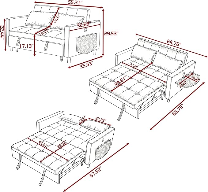 3 in 1 Sofa Bed Pull Out Couch with Side Pockets Loveseat Sleeper Sofa Bed with Side Table Pull Out Couch with USB Ports for Living Room Bedroom Apartment Green