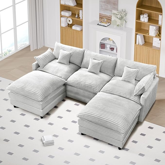 108 Cloud Couch U-Shaped Modular Corduroy Couch with 2 Ottomans &amp 5 Lumbar Pillows Modern Sectional Sofa with 5-Seater Deep SeatComfy Oversized Couch for Living RoomApartmentBedroomGrey
