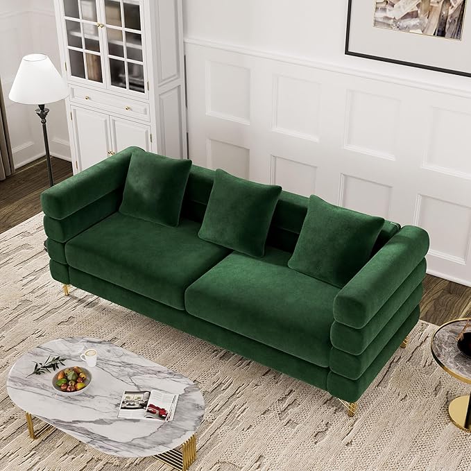 OUYESSIR Cloud Sofa Couch for Living Room 79 Comfy Deep Seat Velvet Sofa with 3 Pillows and Gold Legs Modern Upholstered 3 Seater Large Loveseat for Bedroom Office Emerald Green Velvet