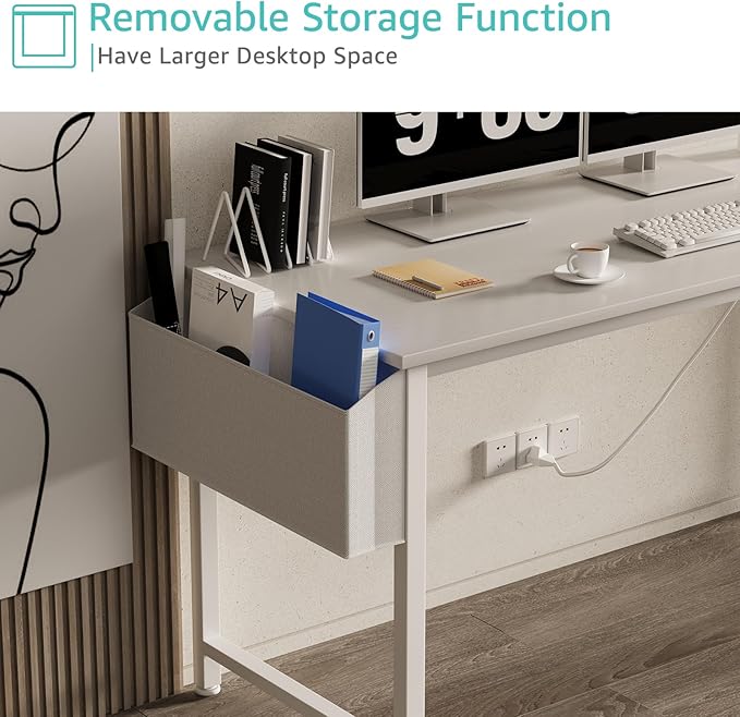 Lufeiya White Computer Desk with Power Outlet 55 inch Teen Study Table Home Office Work Writing Gaming Desks with Charging Station Outlets Built in White