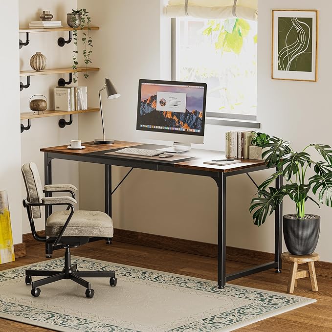 Huuger Computer Desk 63 Inch Office Desk Gaming Desk with Storage Writing Desk Work Desk for Home Office Study Modern Simple Desk Large Legroom Metal Frame Rustic Brown and Black