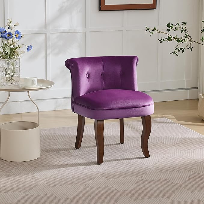Velvet Vanity Chair with Solid Wood Legs Tufted Upholstered Vanity Stool with Back Mid Century Small Makeup Accent Chair for Bedroom Living Room Purple
