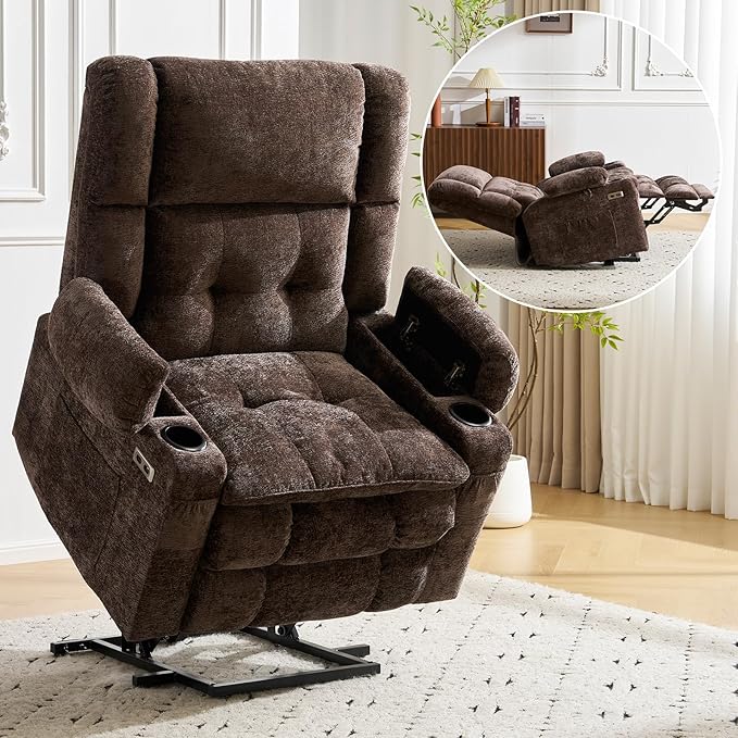 Oversized Power Recliner Chair for Elderly with Massage and Heat Dual Motor Lay Flat Recliner with Arm StorageLift Chair for Big Tall Infinite PositionExtended Footrest Lving Room Coffee
