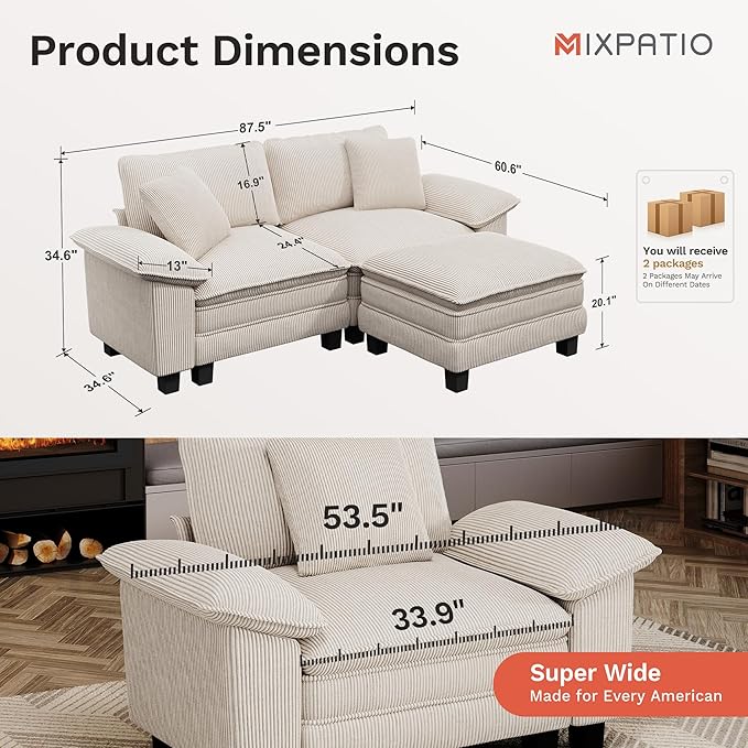 87-Inch L Shaped Sectional Sofa with Cloud Cushions Deep Seat Modular Couch Set w/ 3 Seats &amp 1 Ottomans Removable Arms Plush Corduroy Upholstery for Living Room Apartment - Beige