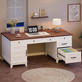GAOMON 60in Wooden Executive Desk with 5 Drawers Office Desk Computer Table with Charging Station Farmhouse Home Office Desk with File Cabinet Storage for Study and Home Office White Walunt