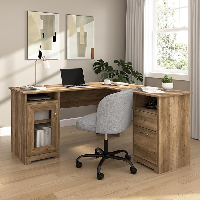 Bush Home Cabot 60W L Shaped Computer Desk with Storage in Reclaimed Pine 60-inch Corner Table with Drawers for Home Office Workspace