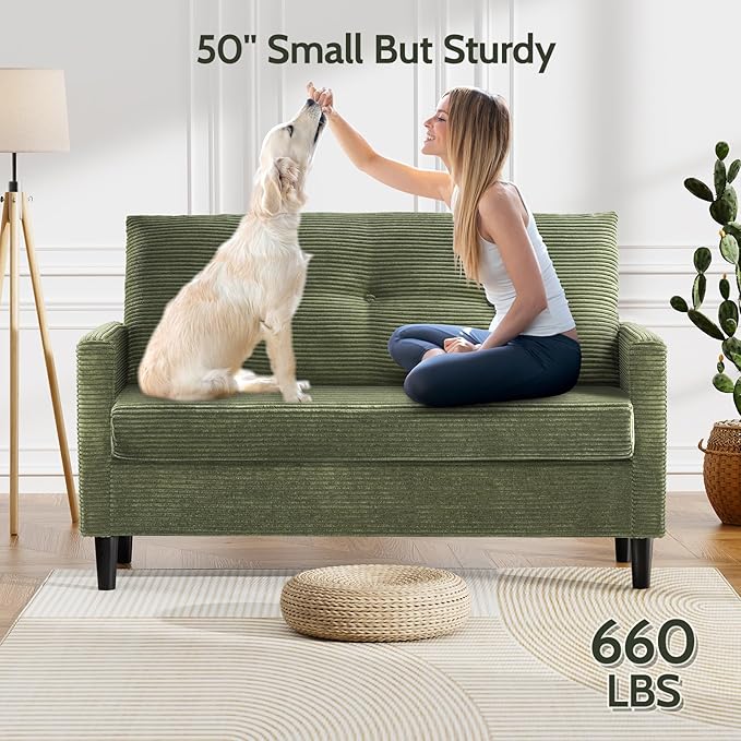 WEUP 50 Small Loveseat Sofa Small Couch for Living Room Bedroom Office Green Corduroy Comfy Love Seat with Spring Cushion Solid Wood Frame Tool-Free Assembly Green Corduroy