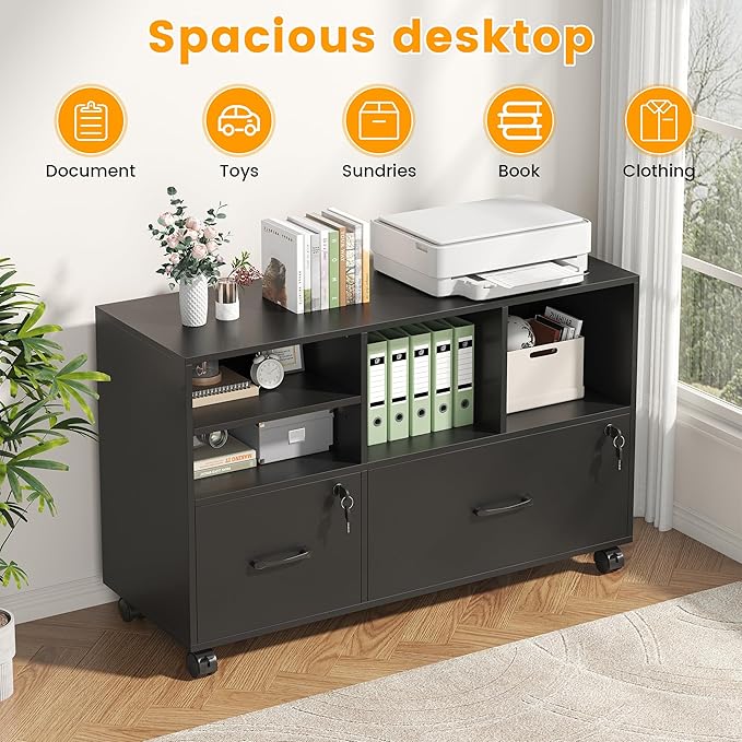 2 Drawer Wood Mobile Large Lateral File Cabinet Lockable Rolling Filing Cabinet with Storage Shelves Printer Stand Office Storage Cabinet for Home Office Fits Files Legal/A4 Black