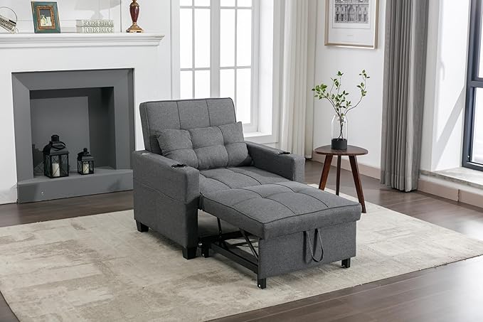 Futon Chair Bed Convertible Sleeper Chair3-in-1 Lazy Chair with USB PortsPull Out Chair Sleeper for Living Room Office Apartment (Linen Dark Grey)