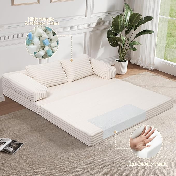 MeMoreCool Convertible Sofa Bed Folding Floor Couch Bed Queen Pull Out Sleeper Couch with Pillows Fold Out Futon Sofa for Bedroom Living Room Small Space Corduroy Beige