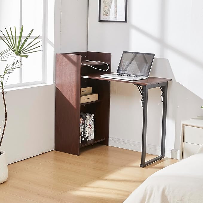 Fold Out Desk with Storage and Built-in Outlet Mid Century Foldable Desk for Small Spaces Hidden Folding Table for Home Office or Bedroom (Brown)