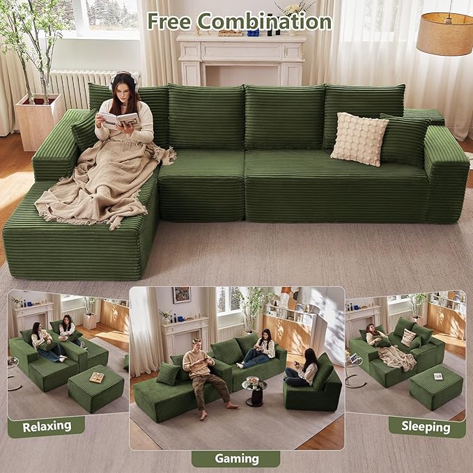 135 Cloud Sectional Couch with L-Shape Chaise Modern Modular Comfy Sofa with Deep Seat Upholstered Corduroy Couches Sleeper Chaise Longue for Living Room Bedroom No Assembly Required Green