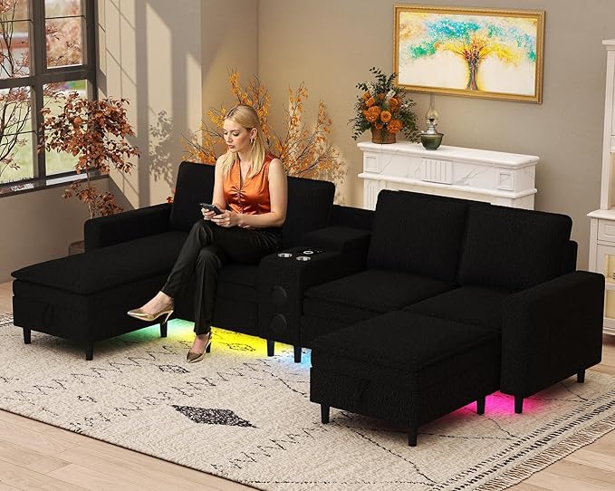 Sectional Couches for Living Room 6 Seat Sectional Sofa with Bluetooth Speaker/RGB Light/Charging Station Teddy Fleece U Shaped Couch with Storage Ottoman and Reversible Chaise Lounge - Black