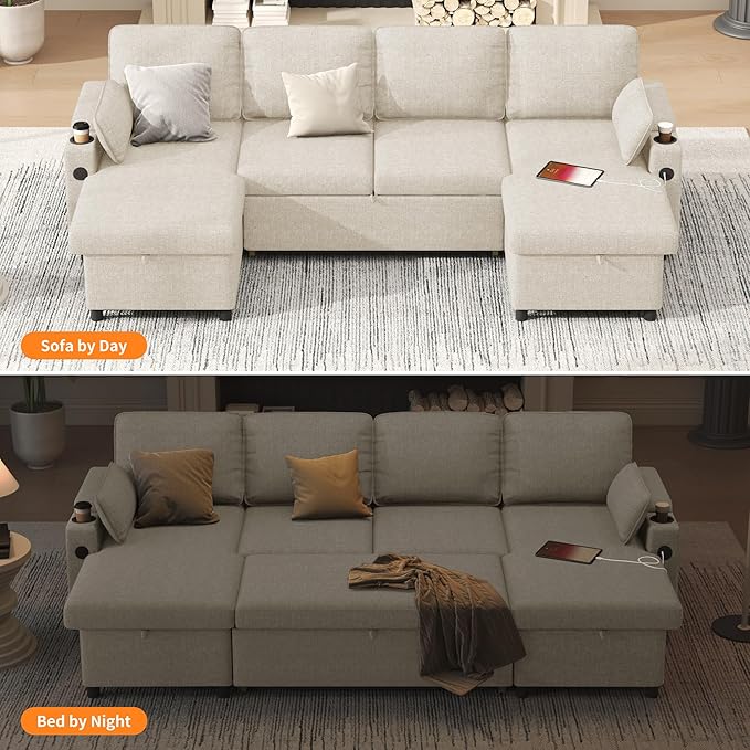 DURASPACE 104.3'' Sleeper Couch Pull Out Sofa Bed 2 in 1 Convertible Sofa Sleeper with Storage U Shaped Sectional Couch Bed for Small Spaces Living Room Bedroom Apartment (Beige)