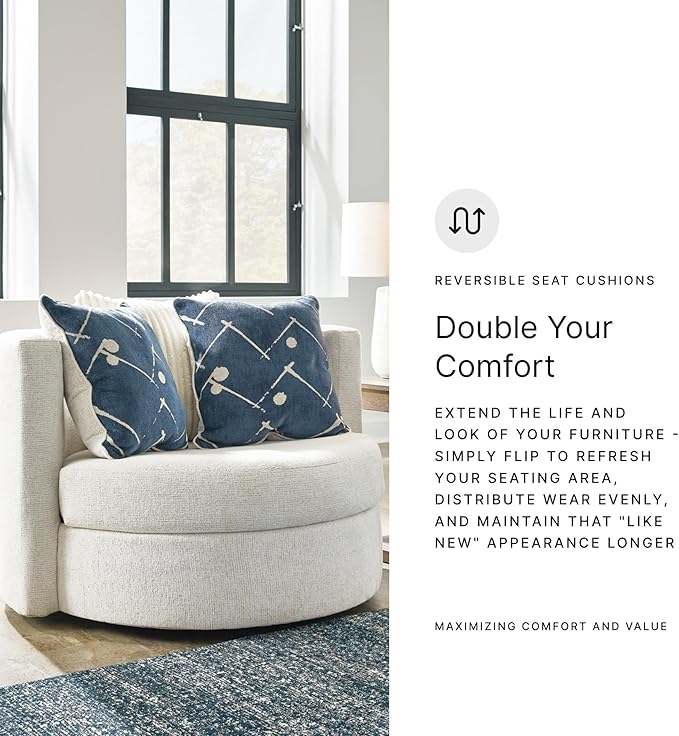 Signature Design by Ashley Padova Transitional Upholstered Swivel Accent Chair Reversible Seat Cushion 3 Complimentary Accent Pillows 360-Degree Swivel Ivory Fabric