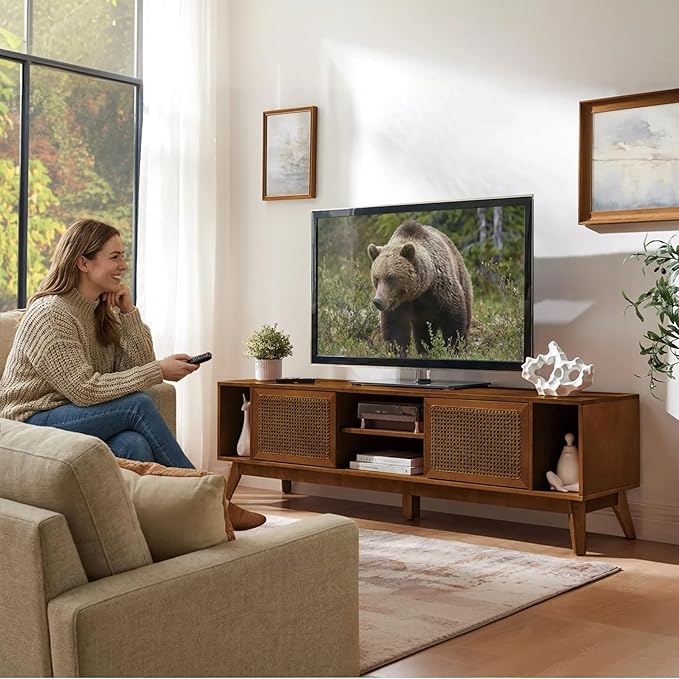LKTART 68 Inch Mid Century Modern TV Stand with Rattan DoorsMCM Entertainment Center Media Console for 60/65/70/75 inch TVsLong Boho Television Stand for Living RoomLight Walnut