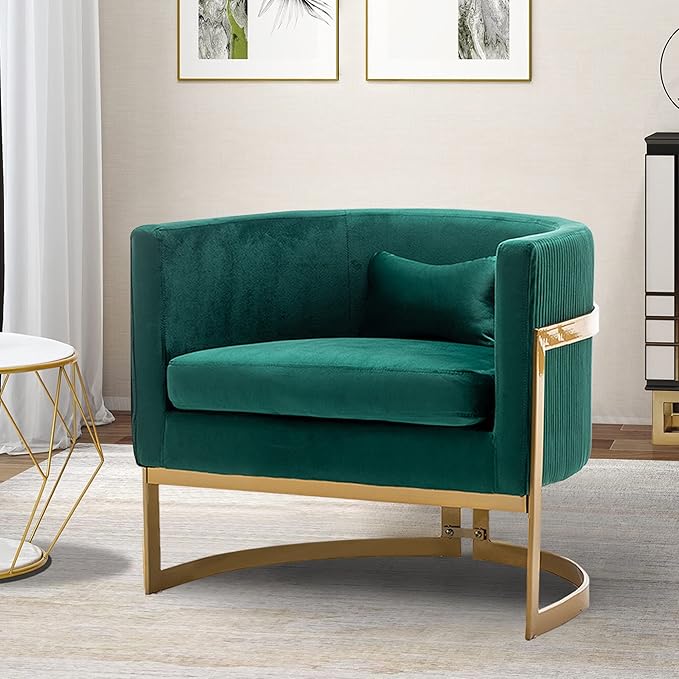 Velvet Accent Chair Green Modern Upholstered Barrel Chair Wide Arm Chairs for Living Room Bedroom Club Side Chairs with Gold Legs