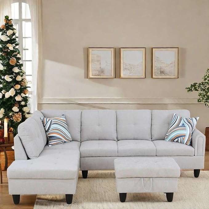 FONTOI L Shaped Sectional Couch with Otttoman 97 Sectional Sofa for Living Room Flannel Modular Couches with Cup Holders for Bedroom Apartments Light Grey