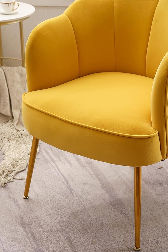 Shell Shape Velvet Fabric Armchair Accent Chair with Gold Legs for Living Room BedroomYellow