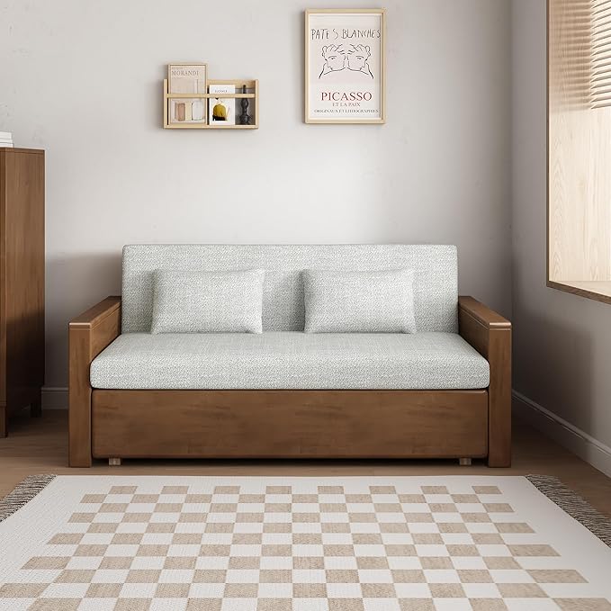 59 Convertible Sofa Sleeper with StorageGrey Cushion Sectional Sleeper Sofa with Reversible ChaiseSolid Wood Sofa Bed 3 in 1 Pull Out Couch Bed for Living RoomApartment (Walnut (Color))