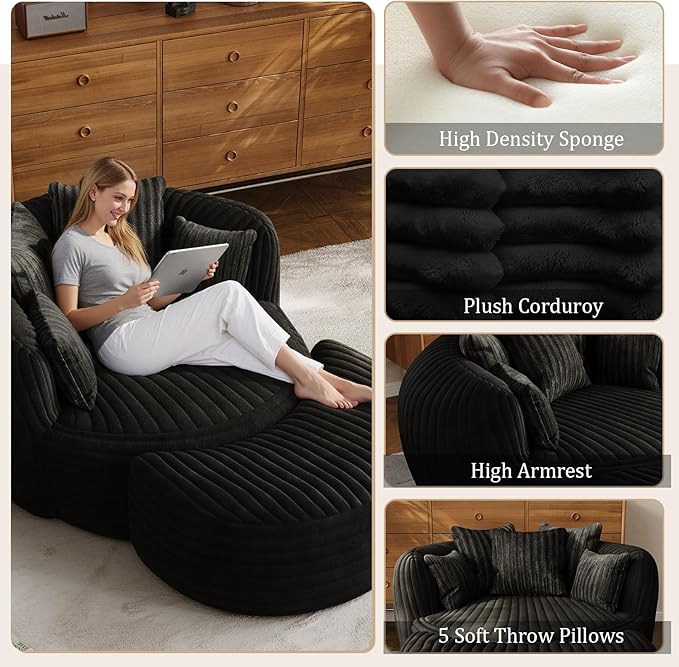 50 Oversized Chaise Lounge Indoor Round Reading Chair Lounge Chair with Ottoman Boneless Sofa Bed Large Fluffy Plush Corduroy Chaise Chair for Living Room Playroom Bedroom Black