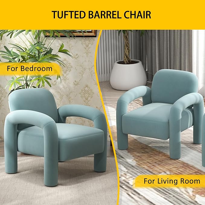 Modern Accent Chair Set of 2 Comfy Velvet Upholstered Armchair Cozy Single Sofa Tufted Barrel Chair Reading Chair for Living Room Bedrooms Corner（Blue）