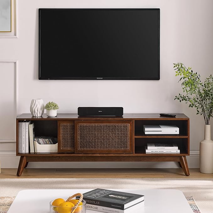 LKTART Boho Mid Century TV Stand59 Rattan Entertainment CenterMedia Console with Solid Wood LegsAdjustable Feet &amp Divided StorageTV Cabinet for 65 Inch TVDark Walnut
