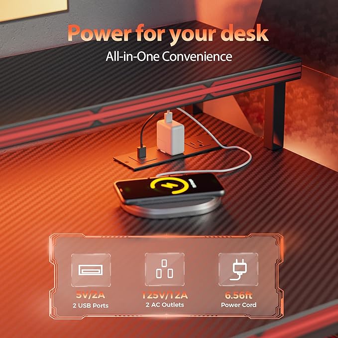Mericonia Gaming Desk with Power Outlets &amp LED Lights Reversible Computer Desk with PC Case Stand Fabric Drawers Modern Office Desk with Shelves Monitor Stand