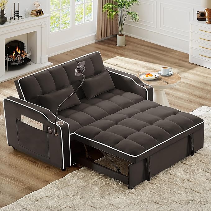 3-in-1 Convertible Loveseat Sleeper Sofa with Cup Holders &amp Phone Holder Futon Couch with Pull Out Bed and Adjustable Backrest Modern Velvet Chaise Lounge for Living Room Bedroom (Brown 54.7)