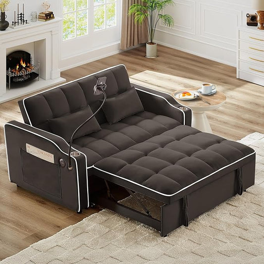 3-in-1 Convertible Loveseat Sleeper Sofa with Cup Holders &amp Phone Holder Futon Couch with Pull Out Bed and Adjustable Backrest Modern Velvet Chaise Lounge for Living Room Bedroom (Brown 54.7)