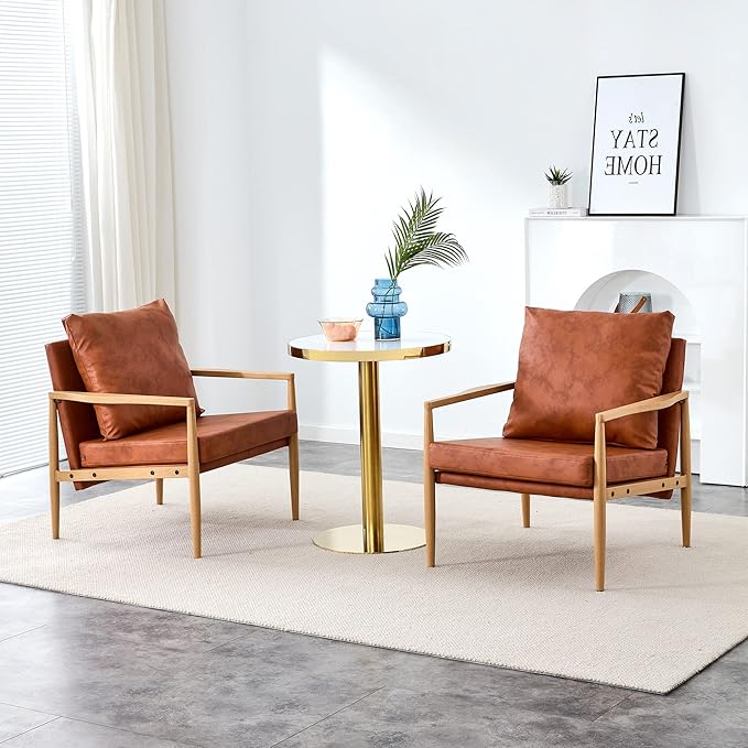 PU Leather Accent Arm Chair Mid Century Modern Upholstered Armchair with Imitation Solid Wood Color Metal Frame Extra-Thick Padded Backrest and Seat Cushion Sofa Chairs for Living Room