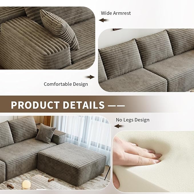 139.4 Modular Sectional Sofa U-Shaped Minimalist Couches with 2 Ottomans Chaise Modern Deep Seat Convertible Sleeper Sofa BedCloud Plush Corduroy Fabric No Assembly Required 6 Seater Camel