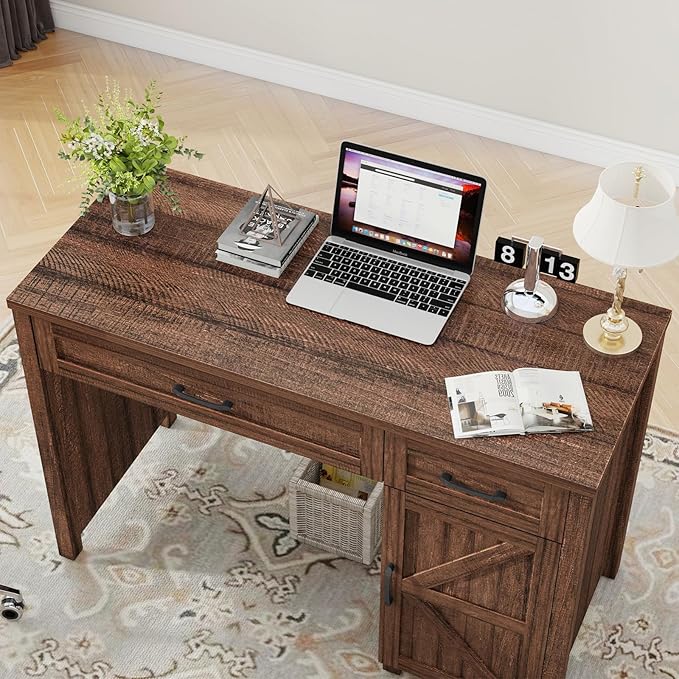Vabches Farmhouse 47 Executive Desk Computer Desk with Drawers and Storage Cabinet Workstation Computer Desk for Home Office Study.Red-Brown