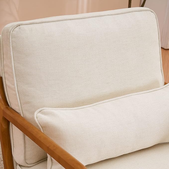 Mid-Century Modern Accent Chair with Throw Pillow Upholstered Fabric Armchair Oak Wood Frame Reading Chair for Living RoomBedroomReadingBalcony (Beige)