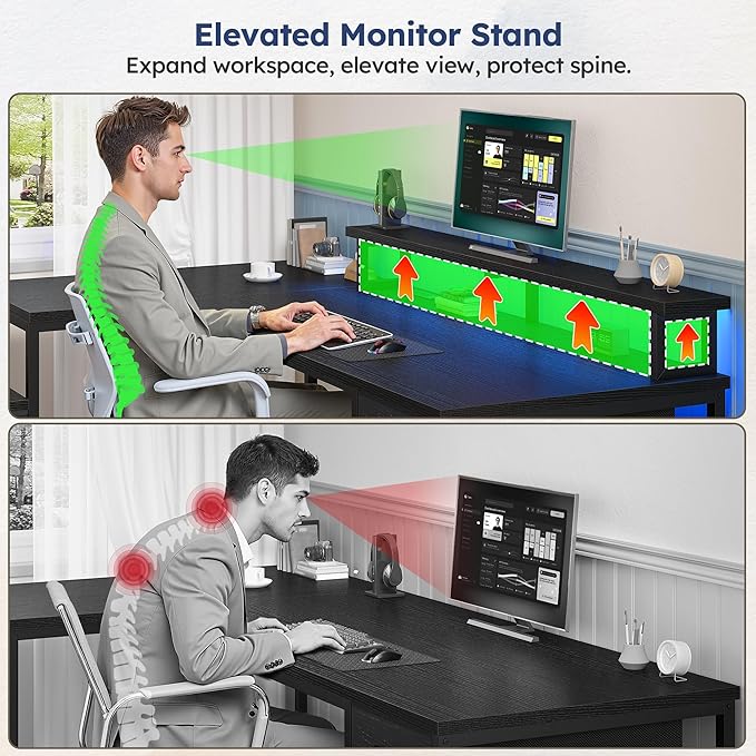95.6'' Office Desk with LED Lights &amp Power Outlets L Shaped Gaming Desk with Drawers Two Person Computer Desks with Monitor Stand for Home Office Study Room and Bedroom Black