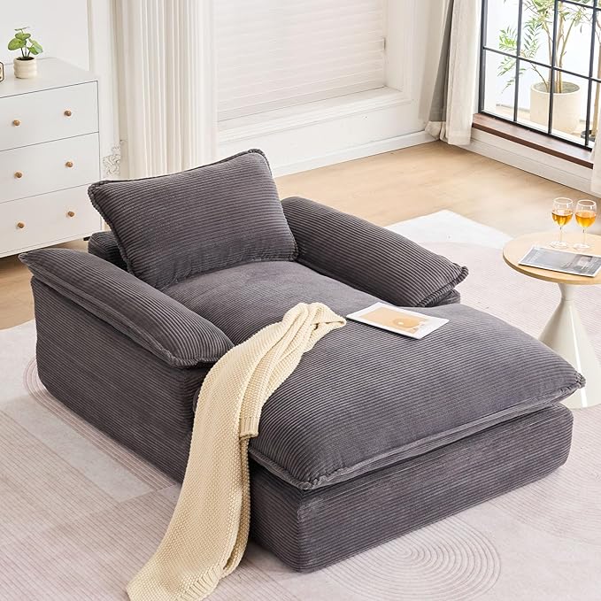 GNIXUU 67 Oversized Chaise Lounge Chair Indoor Corduroy Upholstered Boneless Sleeper Sofa Bed Comfy Large Reading Chair with Wide Armrests Plush Cloud Couch for Living Room Bedroom Gray