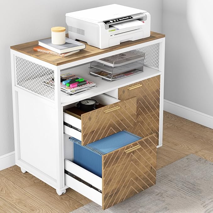 Tribesigns Modern File Cabinet with Drawers for Letter-Sized File and Door lateral Filing Cabinet Printer Stand with Storage Shelves and with Rolling Caster for Home Office