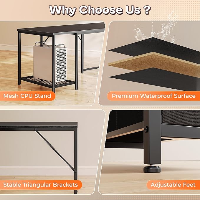 PRAISUN 66 L Shaped Gaming Desk with LED Lights &amp Power Outlets Computer Desk with Fabric Drawers and Print Stand Corner Office Desk Monitor Stand Mesh CPU Stand Black