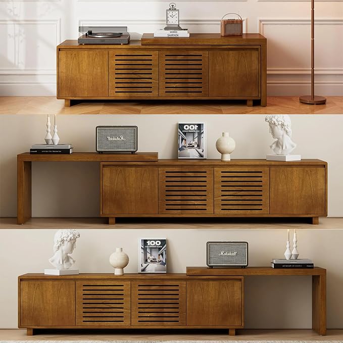 LKTART Mid Century Modern TV StandExtendable Entertainment Center for 65/70/75/80 Inch TVMedia Console for Living Room&ampBedroom Brown Ebony
