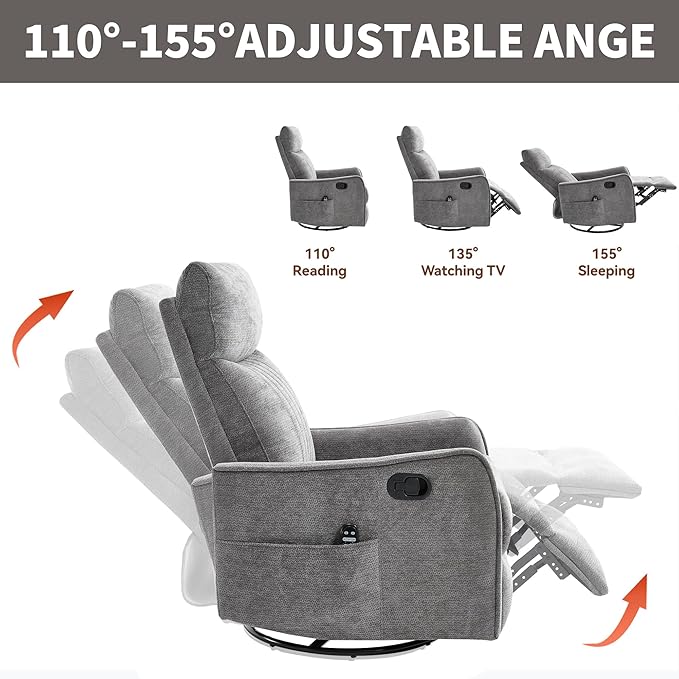 360°Rotating Heated Massage Chair with 8 Vibrating nodesComfortable Rocking Chaise Lounge with Black Metal Base Single Sofa for Living RoomBedroomOfficeDark Gray Chenille